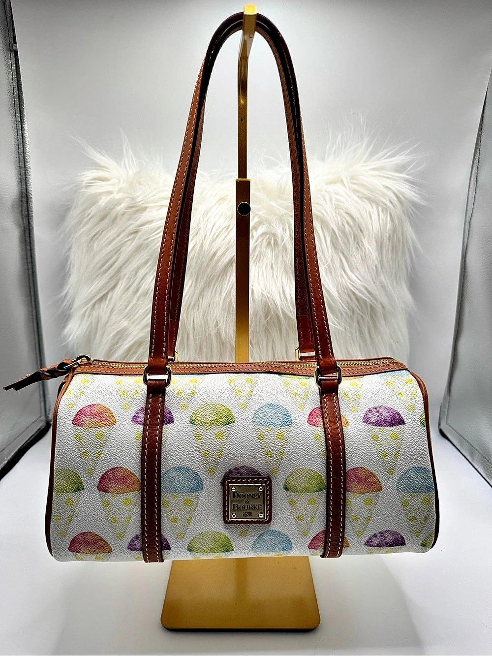 Dooney & Bourke Ice Cream Cone Barrel Bag Satchel White & Brown